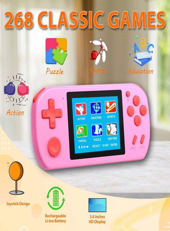 BEICO Handheld Games for Kids Adults with Built in 268 Classic Retro Video Games,3.0'' Color Screen Rechargeable Portable Arcade Gaming Player,Boys Girls Travel Electronics Toys Birthday Gift (B-Pink) - Image 2