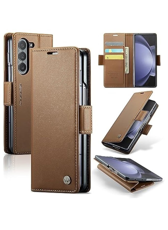 Samsung Galaxy Z Fold 5 5G Wallet Case - RFID Blocking Leather Folio Cover with Card Holder and Kickstand - Shockproof Protective Phone Case (Brown)  - Image 1
