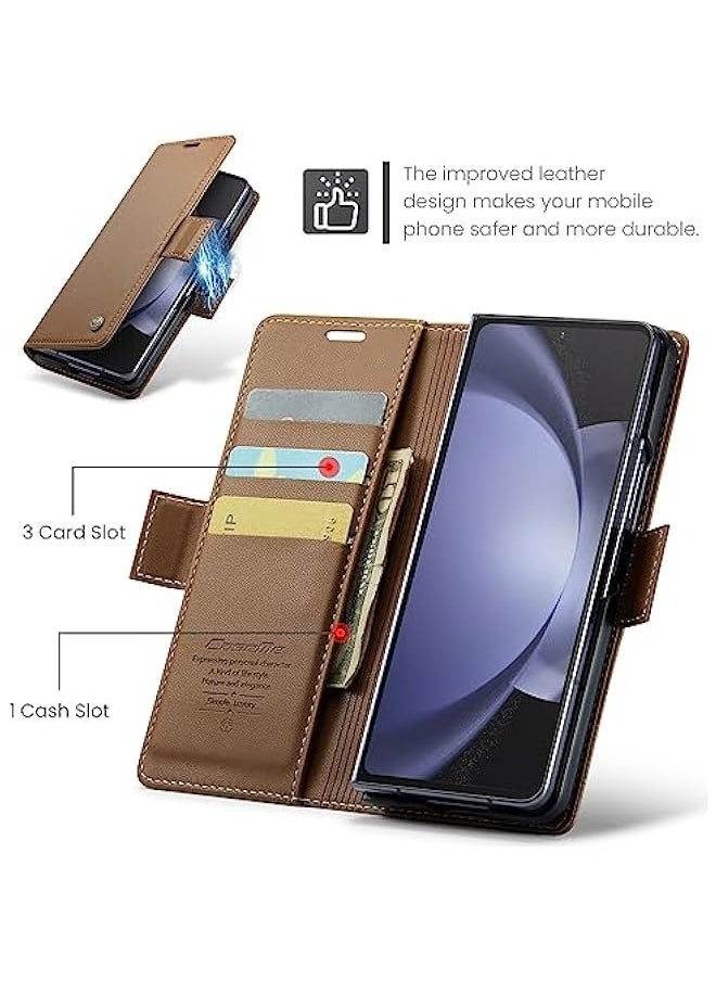 Samsung Galaxy Z Fold 5 5G Wallet Case - RFID Blocking Leather Folio Cover with Card Holder and Kickstand - Shockproof Protective Phone Case (Brown)  - Image 2