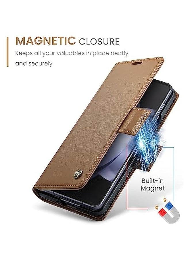 Samsung Galaxy Z Fold 5 5G Wallet Case - RFID Blocking Leather Folio Cover with Card Holder and Kickstand - Shockproof Protective Phone Case (Brown)  - Image 4