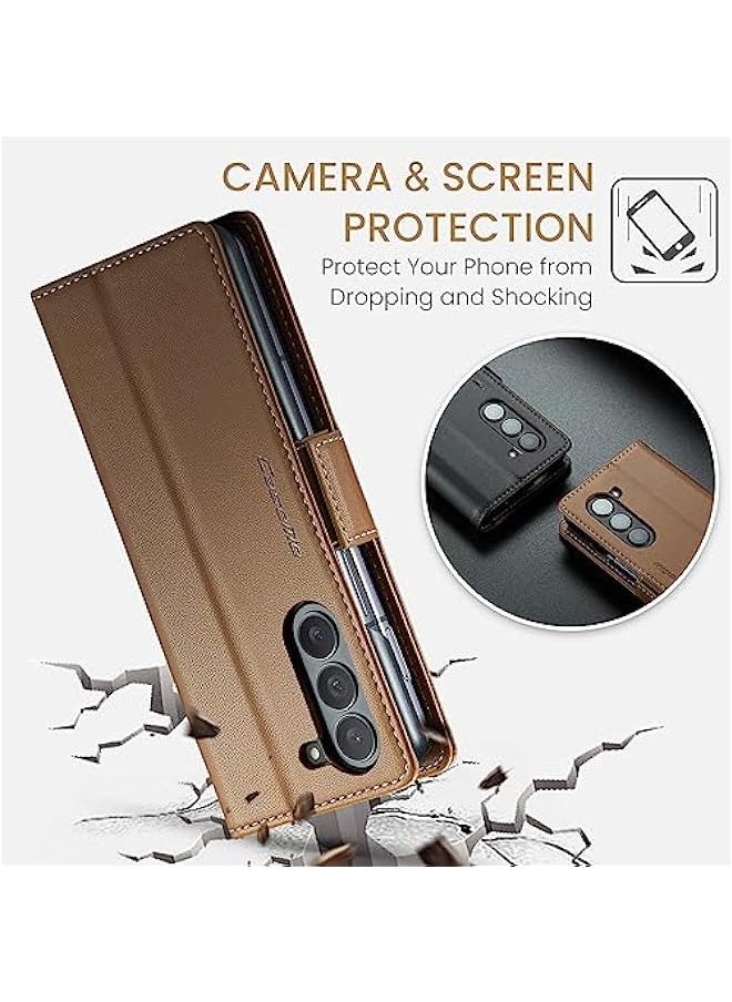 Samsung Galaxy Z Fold 5 5G Wallet Case - RFID Blocking Leather Folio Cover with Card Holder and Kickstand - Shockproof Protective Phone Case (Brown)  - Image 5