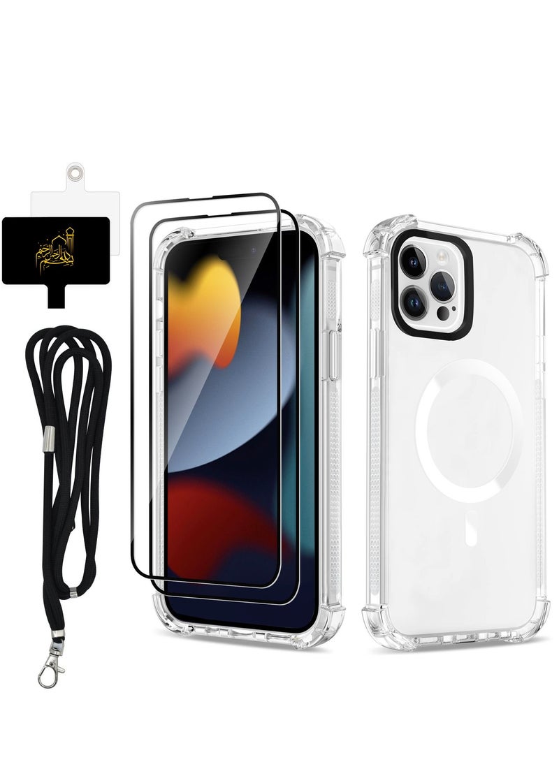 TLAXCA 4 in 1 for iPhone 15 Pro Case, Drop Protection, iPhone 15 Pro Clear Cover with 2 x Tempered Glass Screen Protector 1 x Universal Cell Phone Lanyard Air-Guard Corners Hard Acrylic Back - Image 1