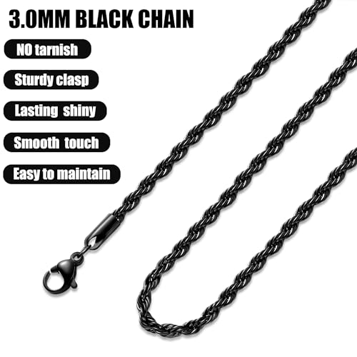 Fiusem Black Rope Chain for Men, 3mm Stainless Steel Necklace for Men and Women, Rope Chain 20 Inches - Image 5