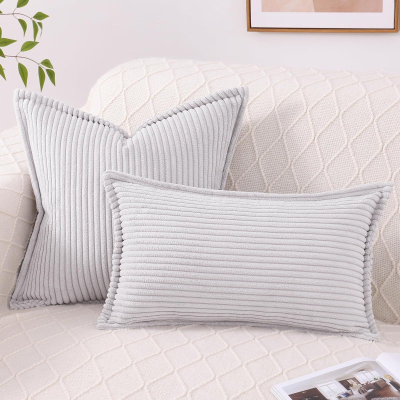 Mecatny Corduroy Pillow Covers 16x16 Inch Set of 2  Striped Decorative Square Throw Pillow Covers with Wide Border for Couch Living Room Bed  Grey - Image 2