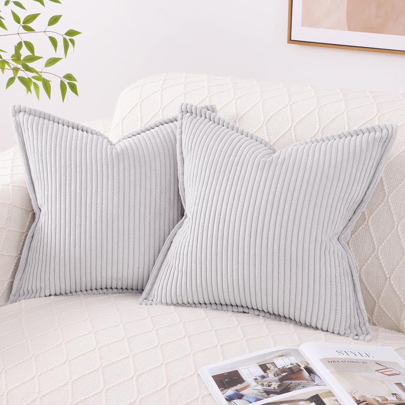 Mecatny Corduroy Pillow Covers 16x16 Inch Set of 2  Striped Decorative Square Throw Pillow Covers with Wide Border for Couch Living Room Bed  Grey - Image 1