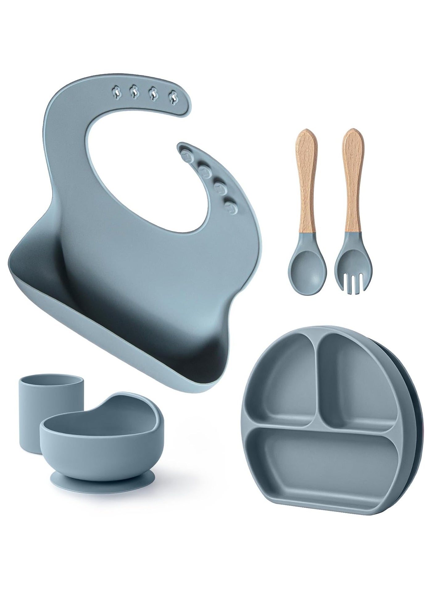 WinRise 6 Pcs No-Spill Silicone Feeding Set: Strong Suction Plate & Bowl, Self-Feeding Utensils, Bibs, Cup | Food Grade BPA-Free Toddler Essentials 6m+