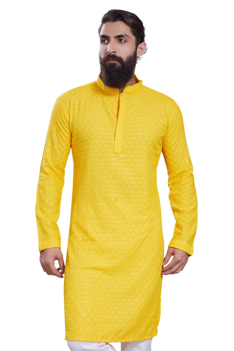 DIVISIVE Men's Sequince Embroidered Cotton Blend Only Slim Fit Kurta (DKRT225_S_Yellow) - Image 1