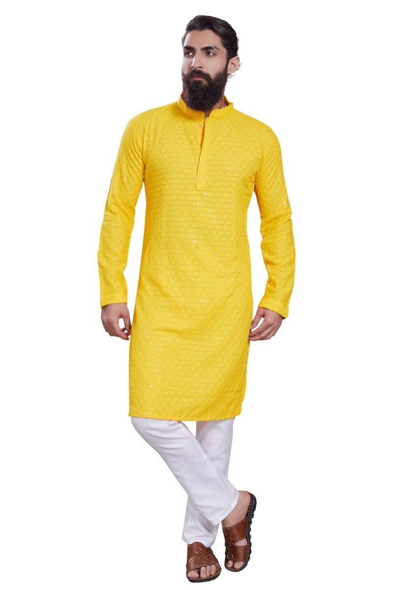 DIVISIVE Men's Sequince Embroidered Cotton Blend Only Slim Fit Kurta (DKRT225_S_Yellow) - Image 2