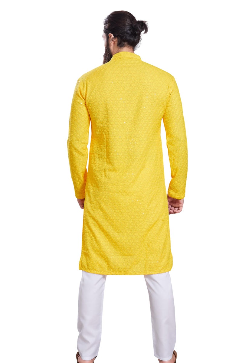DIVISIVE Men's Sequince Embroidered Cotton Blend Only Slim Fit Kurta (DKRT225_S_Yellow) - Image 5