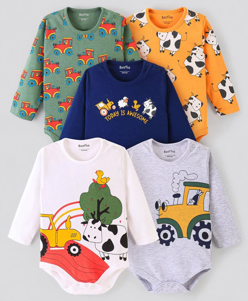 Bonfino Bonfino 5-Pack Farm Graphic Full Sleeves Onesies - Multicolor