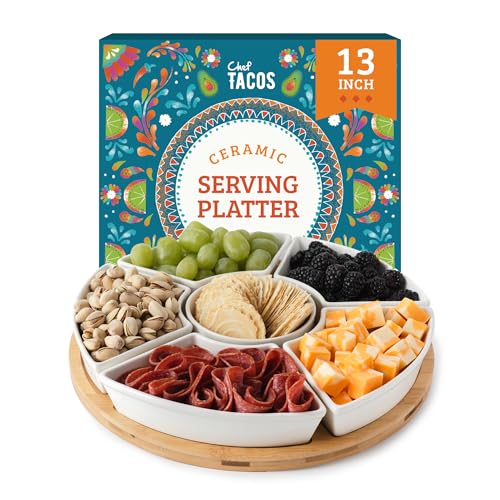 Chef Tacos Ceramic Taco Serving Platter - Divided Serving Tray for Taco Tuesday Lazy Susan Taco Bar - Chip and Dip Serving Set for Party - Appetizer Serving Tray for Salsa, Snacks (13 in) - Image 1