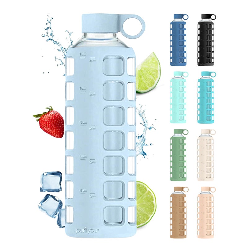 purifyou 40oz / 32oz / 22oz / 12oz Borosilicate Glass Water Bottle with Time & Volume Markers, Silicone Sleeve, Stainless Steel Lid | Reusable Glass Bottle for Water & Juice (40oz Ice Blue) - Image 1