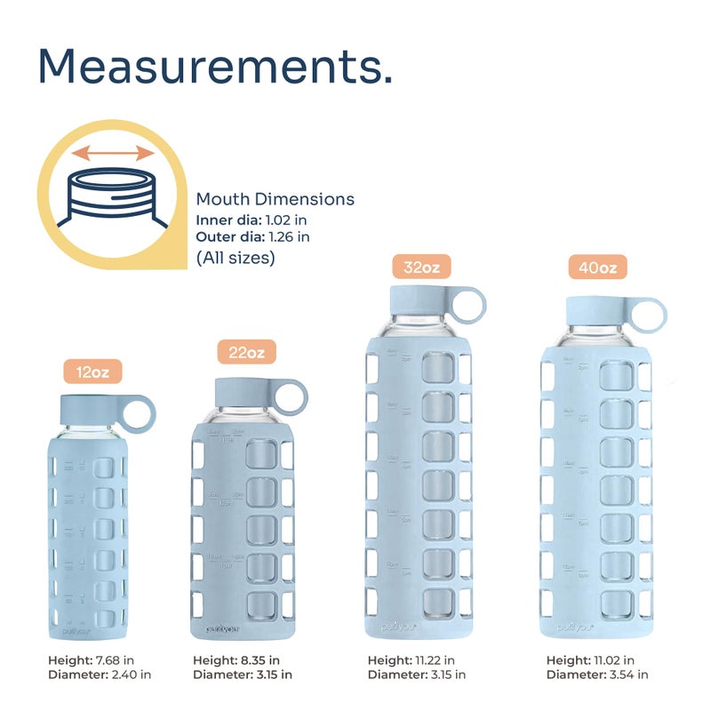 purifyou 40oz / 32oz / 22oz / 12oz Borosilicate Glass Water Bottle with Time & Volume Markers, Silicone Sleeve, Stainless Steel Lid | Reusable Glass Bottle for Water & Juice (40oz Ice Blue) - Image 2
