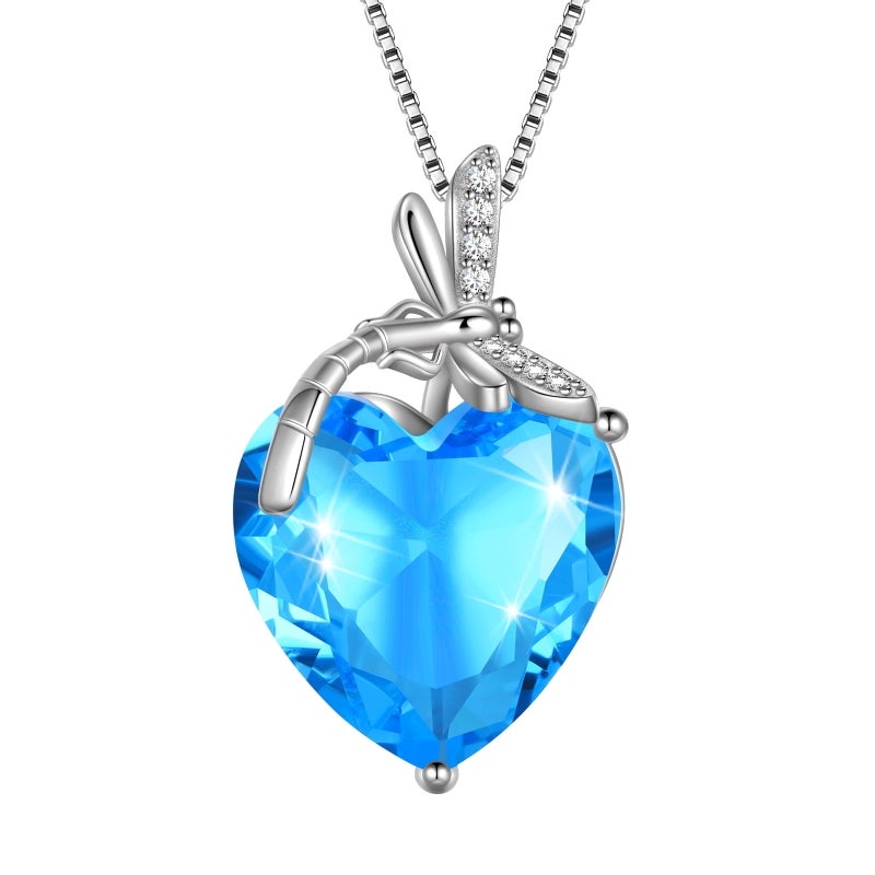 Juwaliy Dragonfly Necklace Heart March Birthstone Necklace Aquamarine 925 Sterling Silver Pendant Blue Jewelry Women Birthday Christmas Mother's Day Gifts - Image 1