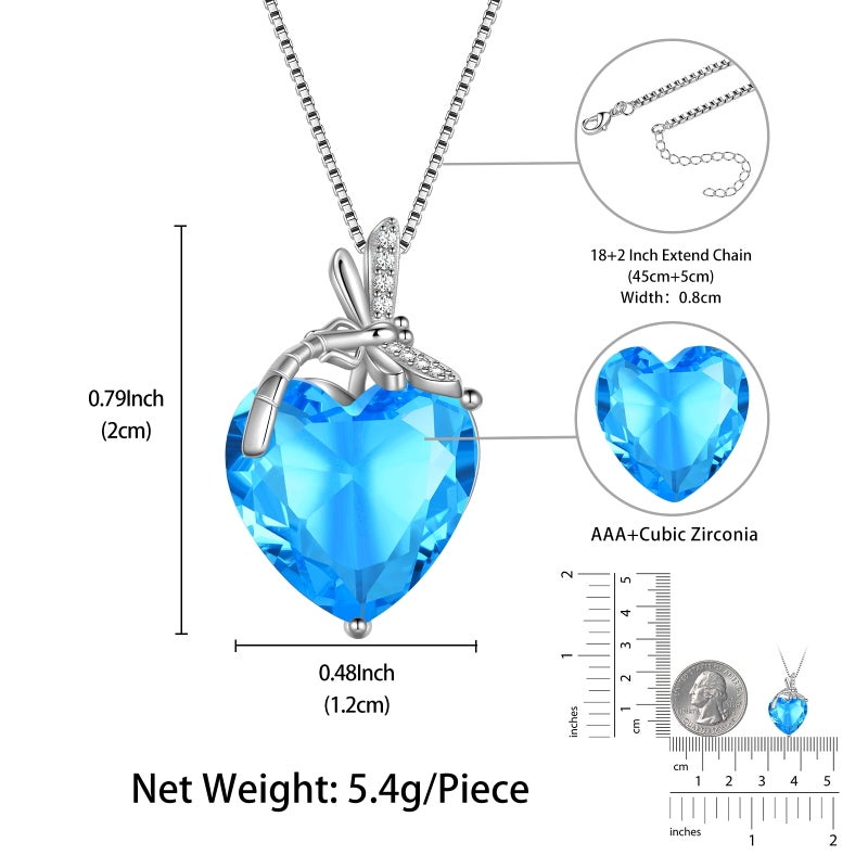 Juwaliy Dragonfly Necklace Heart March Birthstone Necklace Aquamarine 925 Sterling Silver Pendant Blue Jewelry Women Birthday Christmas Mother's Day Gifts - Image 4