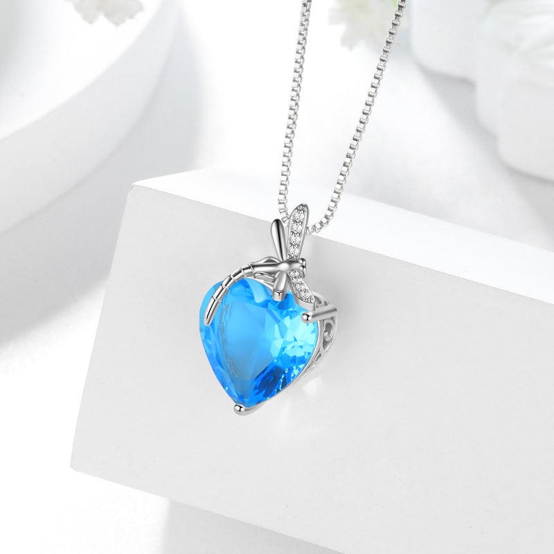 Juwaliy Dragonfly Necklace Heart March Birthstone Necklace Aquamarine 925 Sterling Silver Pendant Blue Jewelry Women Birthday Christmas Mother's Day Gifts - Image 5