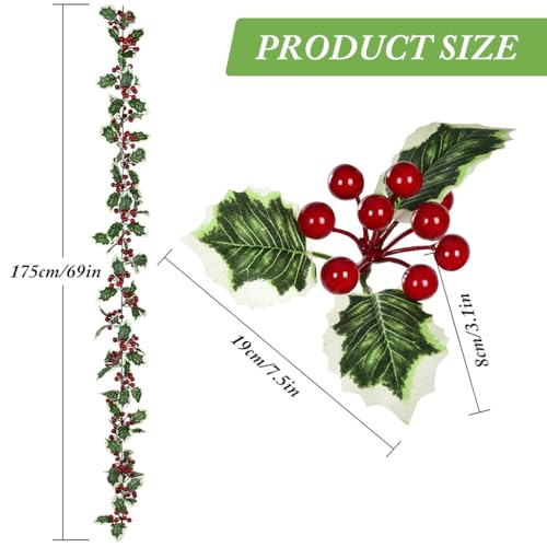Supvox® Christmas Tree Decoration, 175cm Classic Holly Ornament, Realistic Holly Decorative Strip for Christmas Home Decor, Xmas Wreath, Wall, Window, Door - Image 3