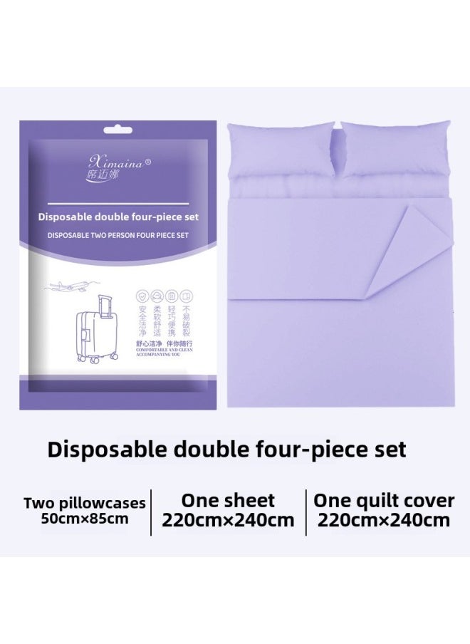 Generic Disposable Four-piece Hotel Printed Bed Sheet Travel Train Sleeper Dirty Duvet Cover Portable Double Travel Suit-Color:Disposable Four-piece Set-purple (purple Packaging)-Specifications:Pillowcase: 50*85cm X2 Bed Sheets: 220*240cm X1 Quilt Cover: 220*240cm X1  - Image 1