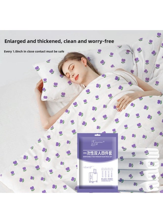 Generic Disposable Four-piece Hotel Printed Bed Sheet Travel Train Sleeper Dirty Duvet Cover Portable Double Travel Suit-Color:Disposable Four-piece Set-purple (purple Packaging)-Specifications:Pillowcase: 50*85cm X2 Bed Sheets: 220*240cm X1 Quilt Cover: 220*240cm X1  - Image 3