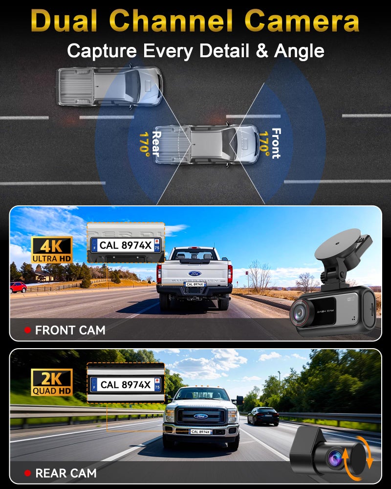 Pemacom Truck Dash Cam Easy-Steup: Dual Camera 4K Front and 2K Rear with Night Vision GPS WiFi Clear Captures Pickup Trucks License Plates - 72H Parking Monitoring for Daily Commute - Image 2