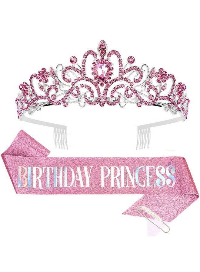 CIEHER Princess Crown and Birthday Sash Set, Pink Birthday Crown Birthday Girl Crown Birthday Tiara for Women Birthday Birthday Decorations for Girls Birthday Crown and Sash for Girls Birthday Gifts - Image 1
