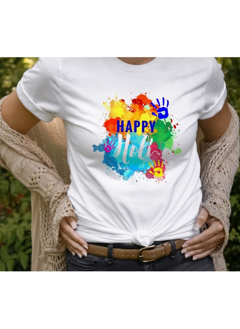 PRINTSHOP4ME - Holi Printed T-shirt Round Neck 100% cotton Women's T-shirt - White Color - Image 1
