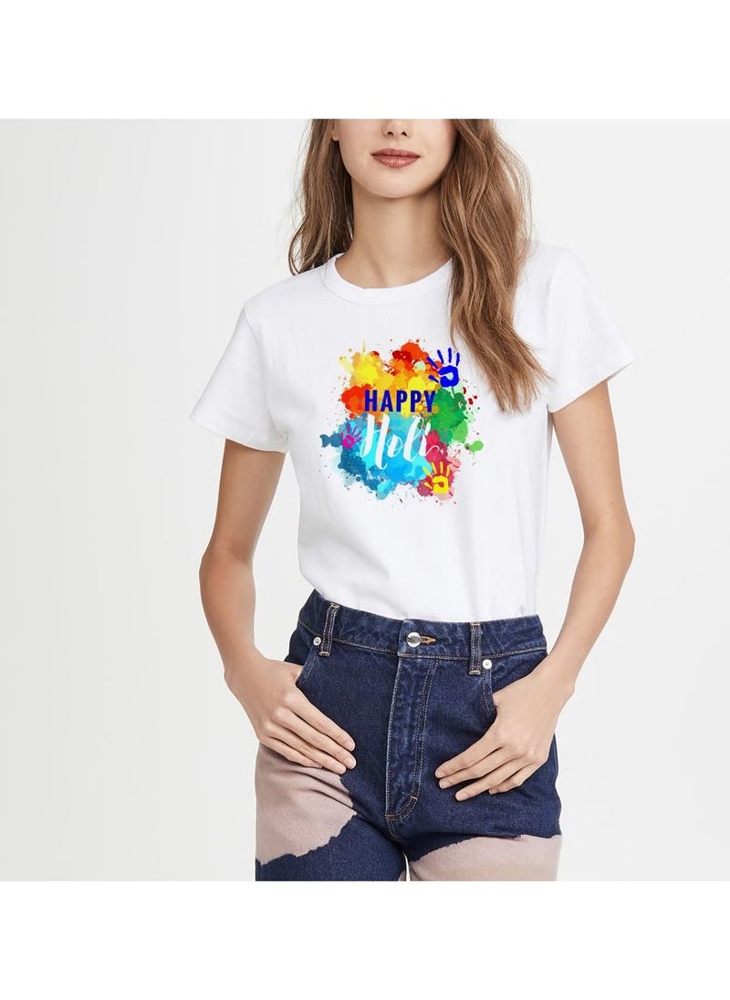 PRINTSHOP4ME - Holi Printed T-shirt Round Neck 100% cotton Women's T-shirt - White Color - Image 1