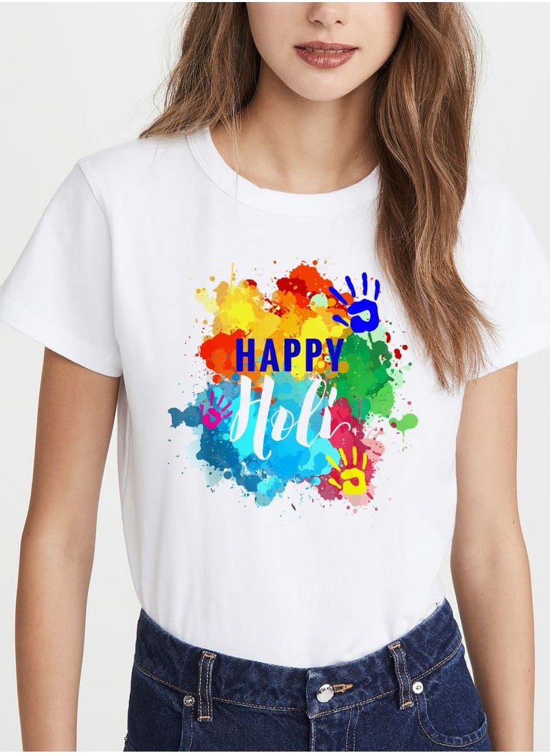 PRINTSHOP4ME - Holi Printed T-shirt Round Neck 100% cotton Women's T-shirt - White Color - Image 1