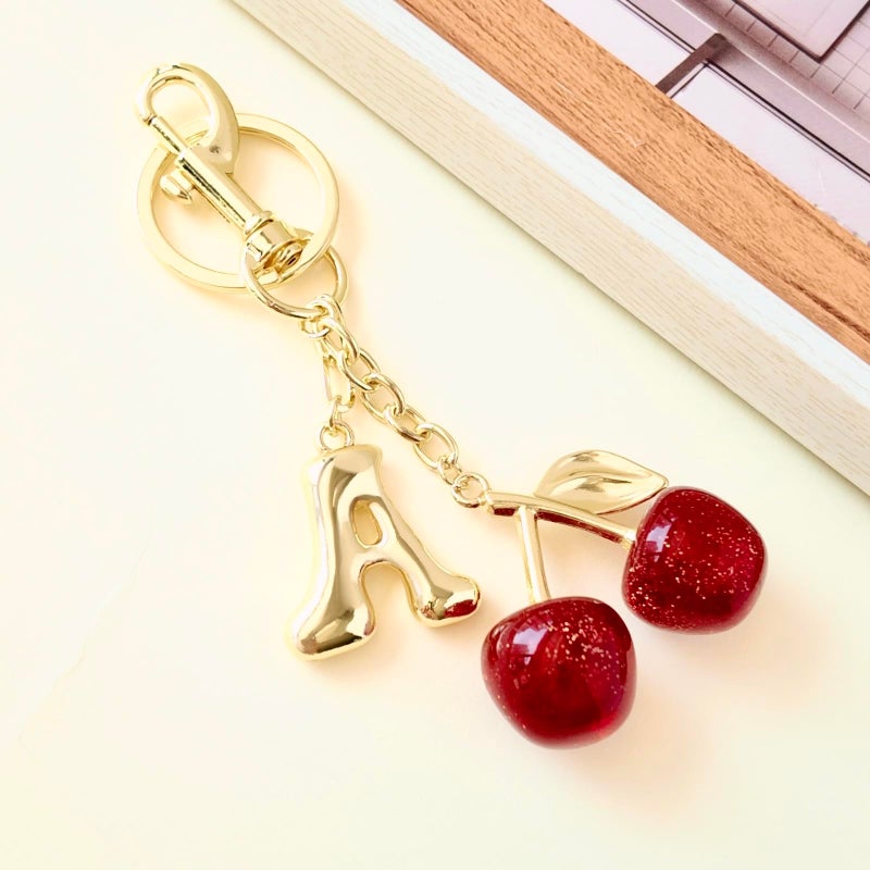 Flvkev Keychain Cherry Bag Charms Bubble Initial Purse Key Chains for Women Cute Car Keyrings Letter Handbag Backpack Accessories (Gold-A) - Image 2