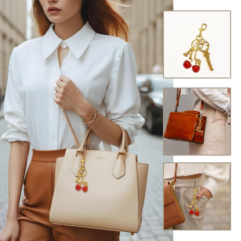 Flvkev Keychain Cherry Bag Charms Bubble Initial Purse Key Chains for Women Cute Car Keyrings Letter Handbag Backpack Accessories (Gold-A) - Image 4