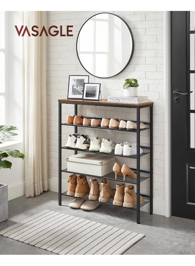 VASAGLE Shoe Rack, Shoe Storage, 5 Levels, Large Surface, Adjustable Mesh Shelves, Space Saving for Entrance Hallway, Metal, Industrial Style, Vintage Brown-Ink Black - Image 2