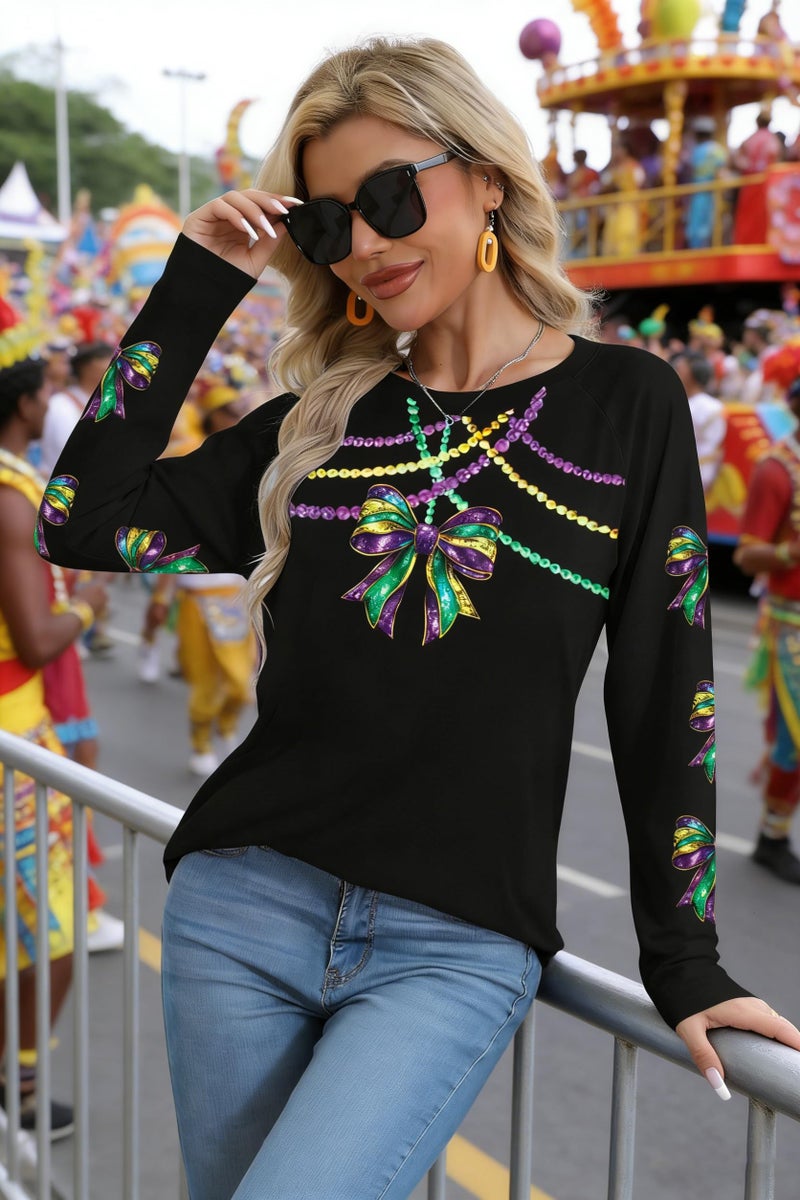 MAXIMGR Mardi Gras Sweatshirt Women Sequin Fat Tuesday Sweater Masks Graphic Shirt Carnival Crewneck Long Sleeve Tops Black - Image 3