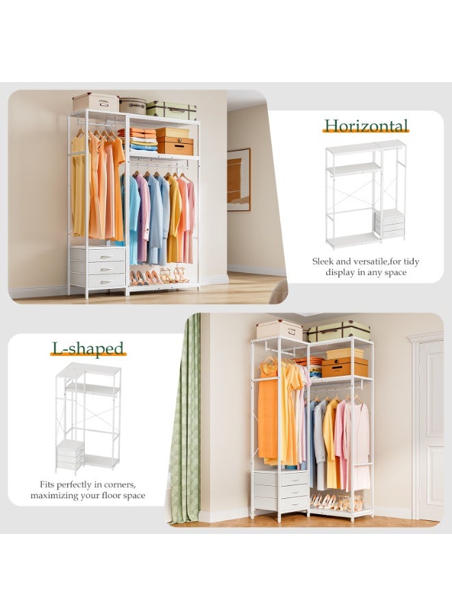 Forthcan Clothes Rail with 3 Fabric Drawers & Storage Shelves, L Shaped Coat Stand for Corner, Freestanding Garment Rails with Hanging Rods Metal Clothing Displays, White 135W x 40D x 195H cm - Image 5