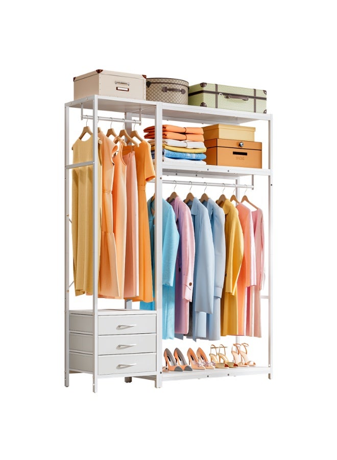 Forthcan Clothes Rail with 3 Fabric Drawers & Storage Shelves, L Shaped Coat Stand for Corner, Freestanding Garment Rails with Hanging Rods Metal Clothing Displays, White 135W x 40D x 195H cm - Image 1