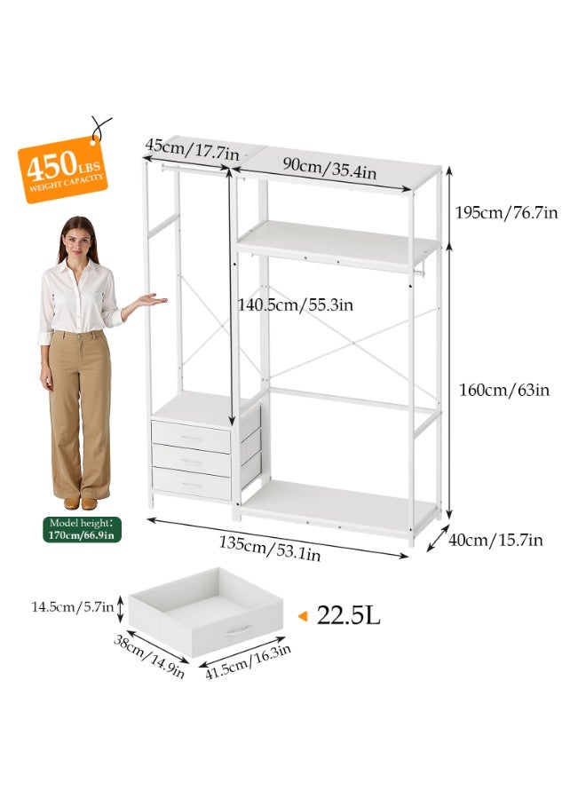 Forthcan Clothes Rail with 3 Fabric Drawers & Storage Shelves, L Shaped Coat Stand for Corner, Freestanding Garment Rails with Hanging Rods Metal Clothing Displays, White 135W x 40D x 195H cm - Image 2