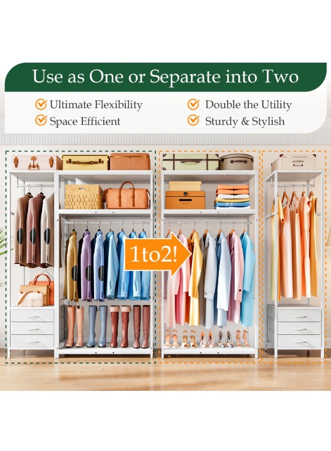 Forthcan Clothes Rail with 3 Fabric Drawers & Storage Shelves, L Shaped Coat Stand for Corner, Freestanding Garment Rails with Hanging Rods Metal Clothing Displays, White 135W x 40D x 195H cm - Image 3