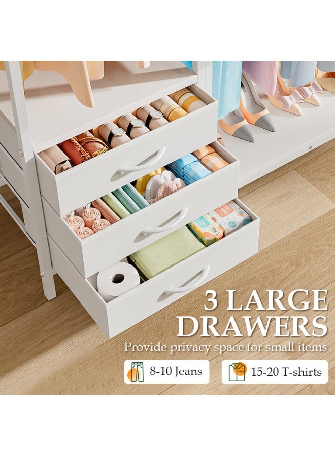 Forthcan Clothes Rail with 3 Fabric Drawers & Storage Shelves, L Shaped Coat Stand for Corner, Freestanding Garment Rails with Hanging Rods Metal Clothing Displays, White 135W x 40D x 195H cm - Image 4