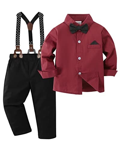 DISAUR Toddler Boy Wedding Guest Outfit Long Sleeve Red Dress Shirt Bow Tie Suspender Black Pants Baby Valentines Formal Outfit Boy 4t 5t - Image 1