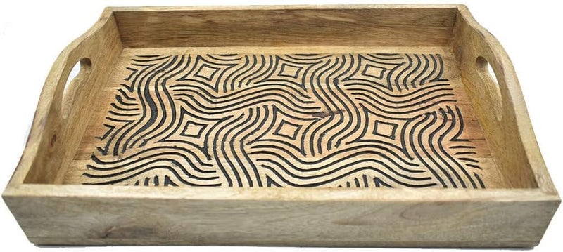 STORE INDYA Hand Carved Wooden Breakfast Serving Tray with Handle for Breakfast Tea Snack Dessert  Kitchen Dining ServeWare Accessories  15 x 10 Inches - Image 1