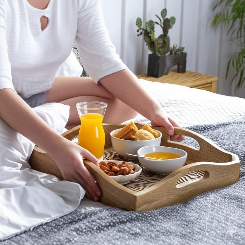 STORE INDYA Hand Carved Wooden Breakfast Serving Tray with Handle for Breakfast Tea Snack Dessert  Kitchen Dining ServeWare Accessories  15 x 10 Inches - Image 3
