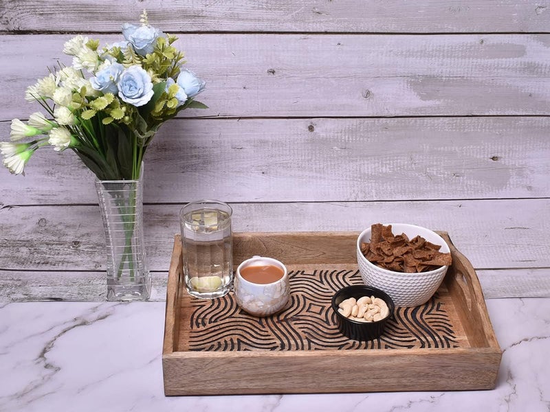 STORE INDYA Hand Carved Wooden Breakfast Serving Tray with Handle for Breakfast Tea Snack Dessert  Kitchen Dining ServeWare Accessories  15 x 10 Inches - Image 4