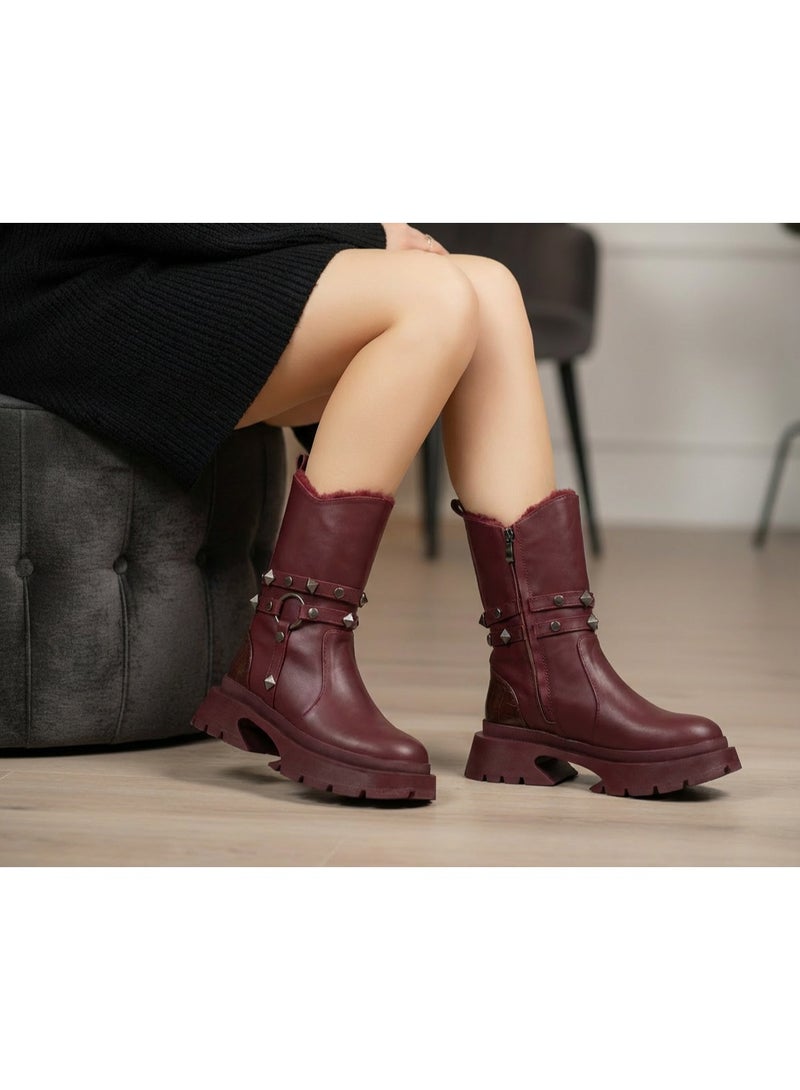 LIFESTYLISH Ankle Boot Leather With Accessories Stylish E-103 - Maroon - Image 1