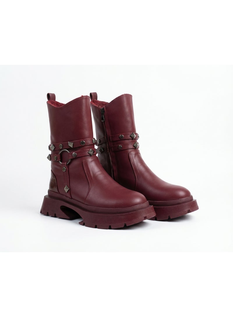 LIFESTYLISH Ankle Boot Leather With Accessories Stylish E-103 - Maroon - Image 2