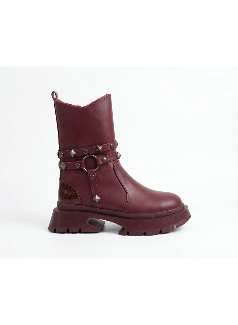 LIFESTYLISH Ankle Boot Leather With Accessories Stylish E-103 - Maroon - Image 3