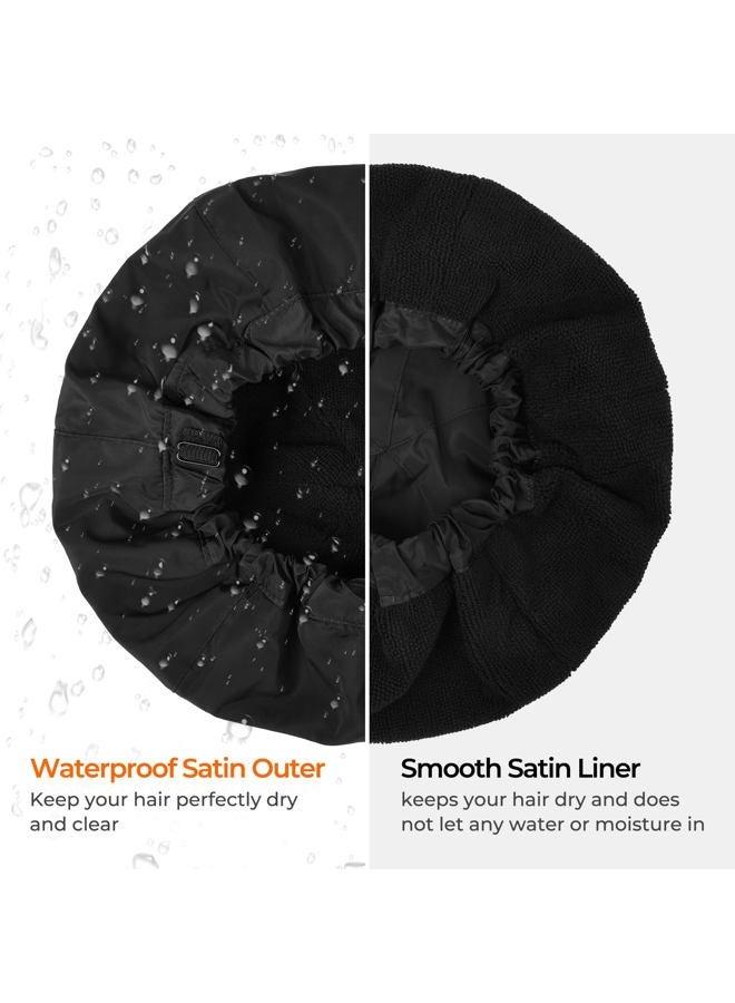 Aileam غطاء دش للرجال قبعة استحمام سوداء، قابلة للعكس مبطنة بالتيري كبيرة مقاومة للماء قابلة للتعديل أغطية دش برباط مرن حافة قابلة للتمدد قبعة للشعر الضفائر - Image 5
