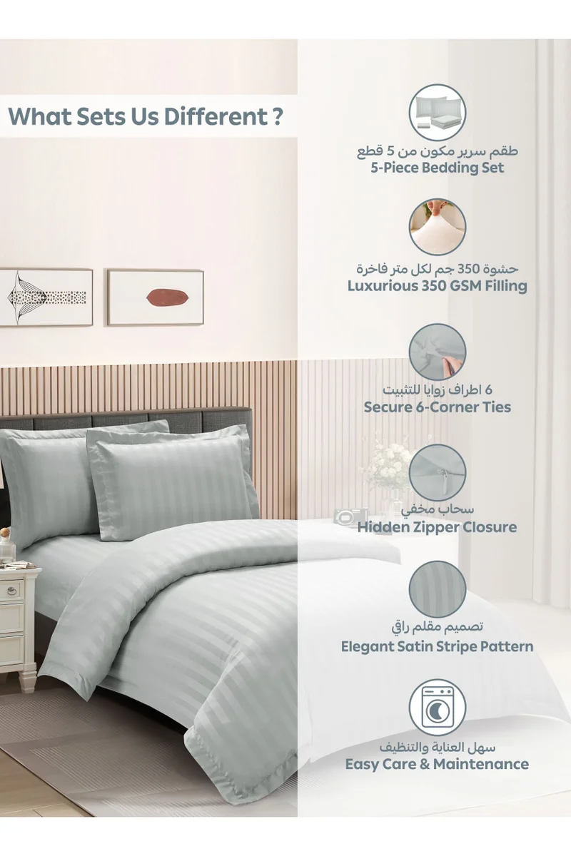 Donetella Striped Comforter Set, Single Size (170x230 cm), 5-Piece Hotel Bedding with 350 GSM Filling – Comforter, Comforter Cover, Fitted Sheet, Pillowshams.