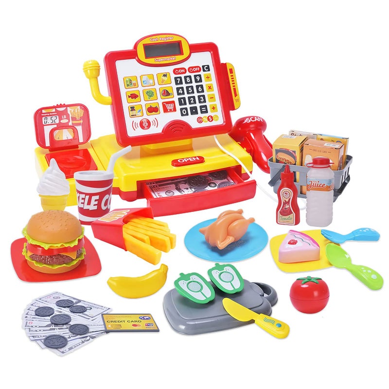  FS FS Pretend Play Cash Register Toy with True Barcode Scanner  Calculator Microphone Play Food Supermarket Cashier Great PreSchool Gift Cash Register for Kids Boys  Girls Ages 3 4 5 6 8 - Image 2