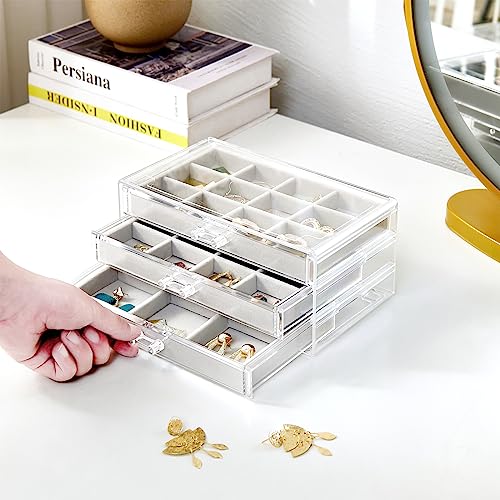 ProCase Earring Holder Organizer Jewelry Box with 3 Drawers, Acrylic Clear Earring Case with Adjustable Velvet Trays for Women - Grey, 3 Layers - Image 3