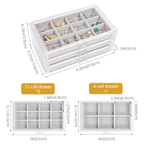 ProCase Earring Holder Organizer Jewelry Box with 3 Drawers, Acrylic Clear Earring Case with Adjustable Velvet Trays for Women - Grey, 3 Layers - Image 4
