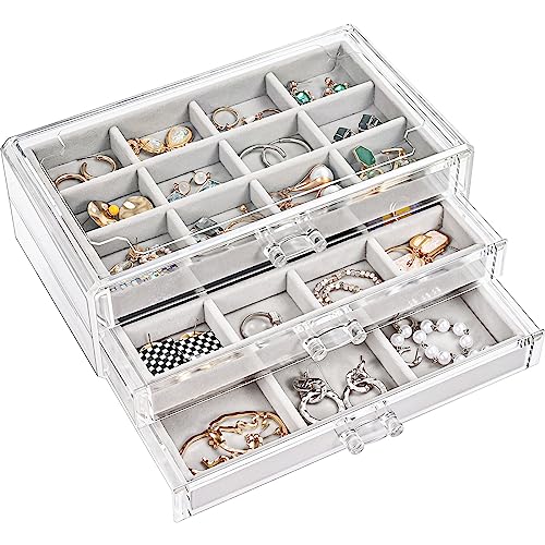 ProCase Earring Holder Organizer Jewelry Box with 3 Drawers, Acrylic Clear Earring Case with Adjustable Velvet Trays for Women - Grey, 3 Layers - Image 1
